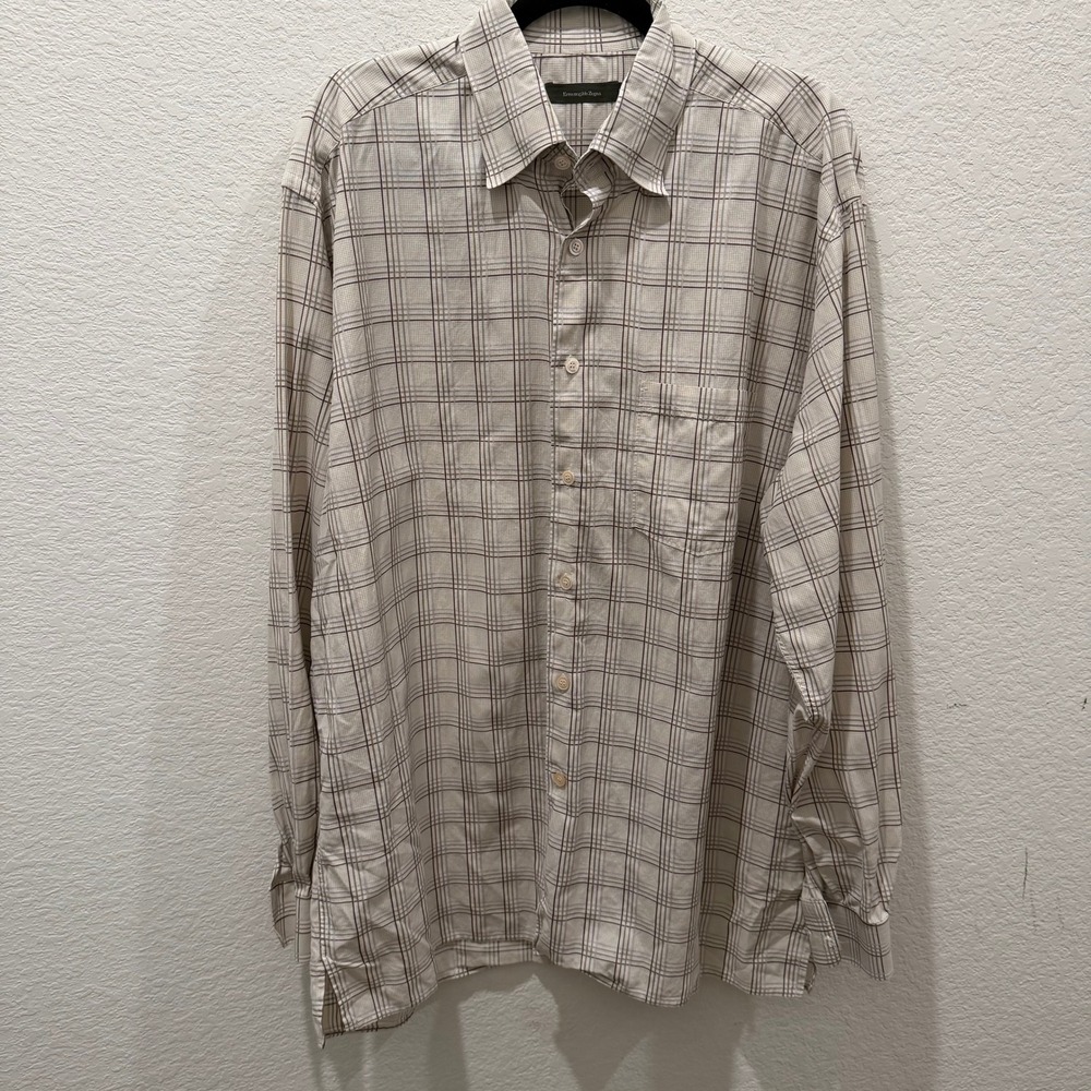 Ermenegildo Zegna Mens XXL Plaid Button Down Shirt Beige Brown Long Sleeve